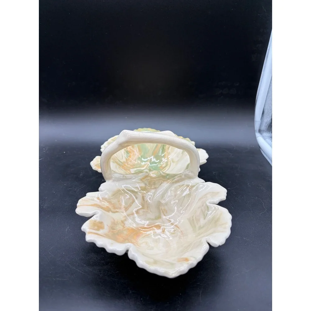 Vintage Marbled Ceramic Double Leaf Serving Dish with Handle Green Peach Cream‎